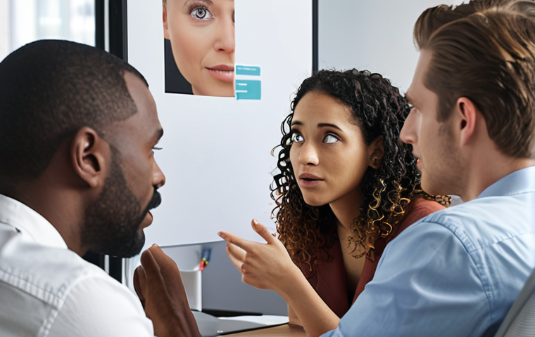 **
A diverse team collaborating in a modern office space. Focus on active listening: one person speaking while others are attentively engaged with empathetic expressions. Include visual cues of understanding like nodding and eye contact. The overall tone should be positive and collaborative.
**