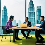 Home 18 범용 역량과 글로벌 경쟁력 - A vibrant modern Malaysian office scene featuring a diverse multicultural team collaborating around ...