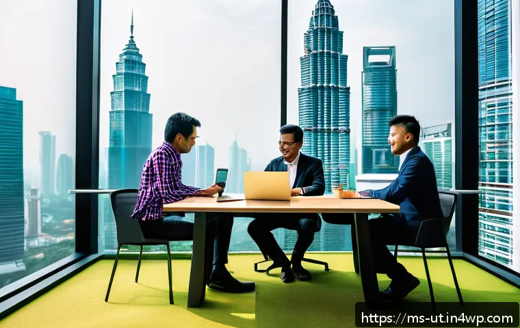 범용 역량과 글로벌 경쟁력 - A vibrant modern Malaysian office scene featuring a diverse multicultural team collaborating around ...