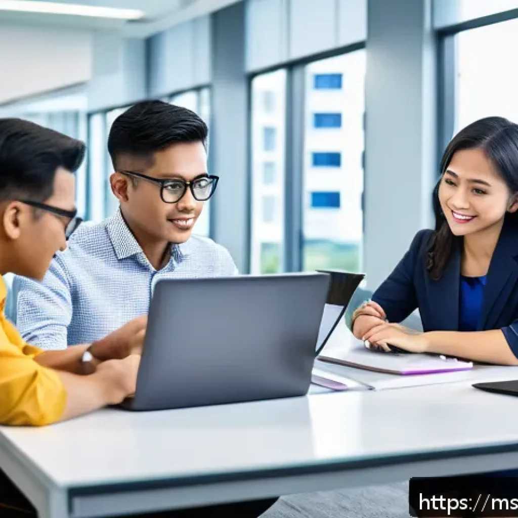 범용 역량을 통한 조직 내 혁신 촉진하기 - A modern Malaysian corporate office setting showing a diverse group of professionals engaged in a co...